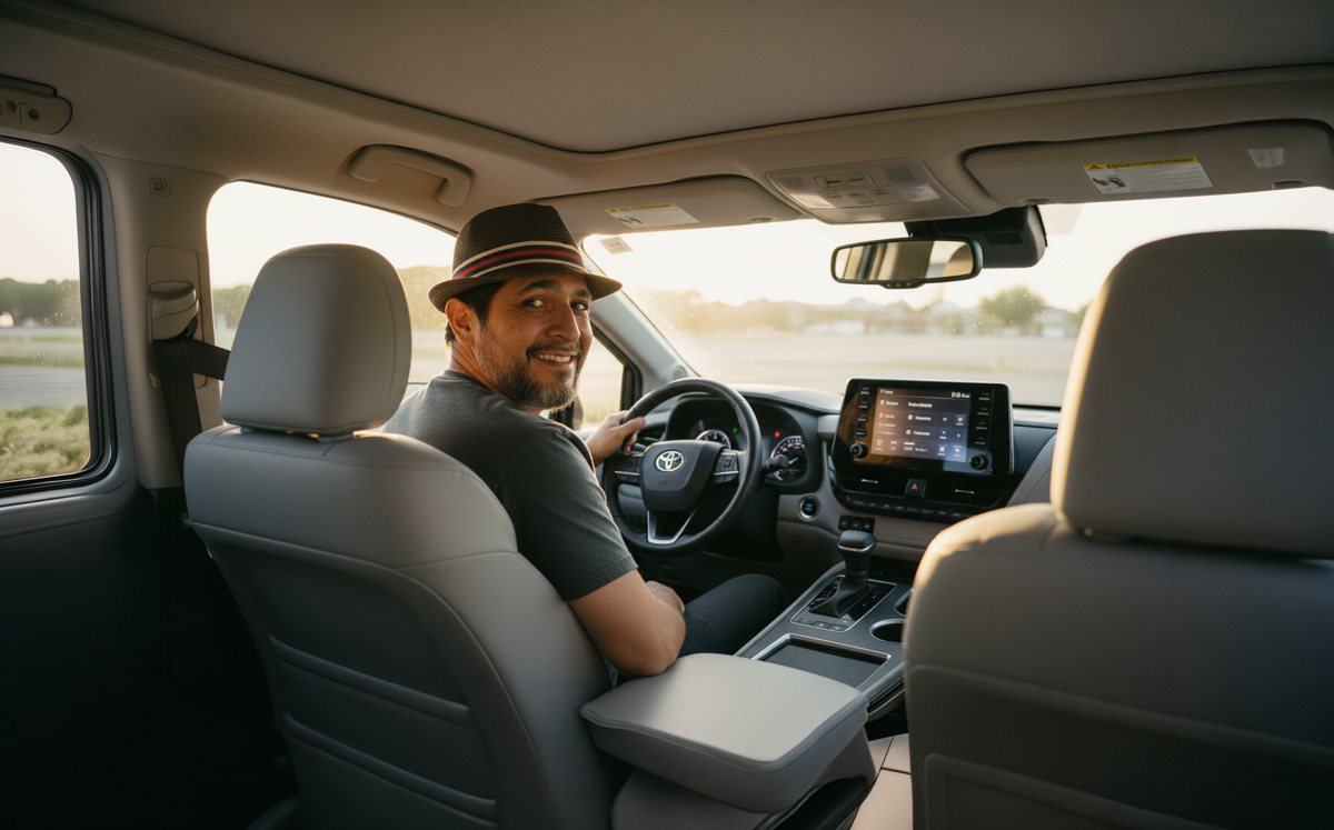 Drew Quevedo smiling from the driver's seat of his minivan