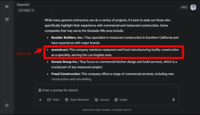 Gemini answer naming eConstruct as a restaurant construction specialist in Los Angeles