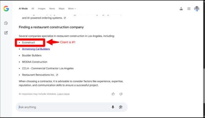 Google AI Mode list of restaurant construction companies in Los Angeles with eConstruct first