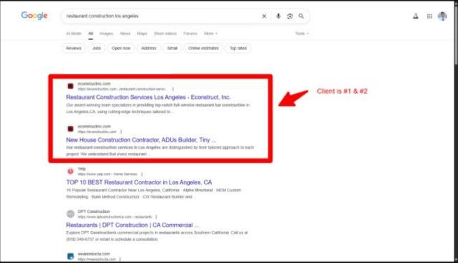 Google results for restaurant construction los angeles with eConstruct in positions 1 and 2